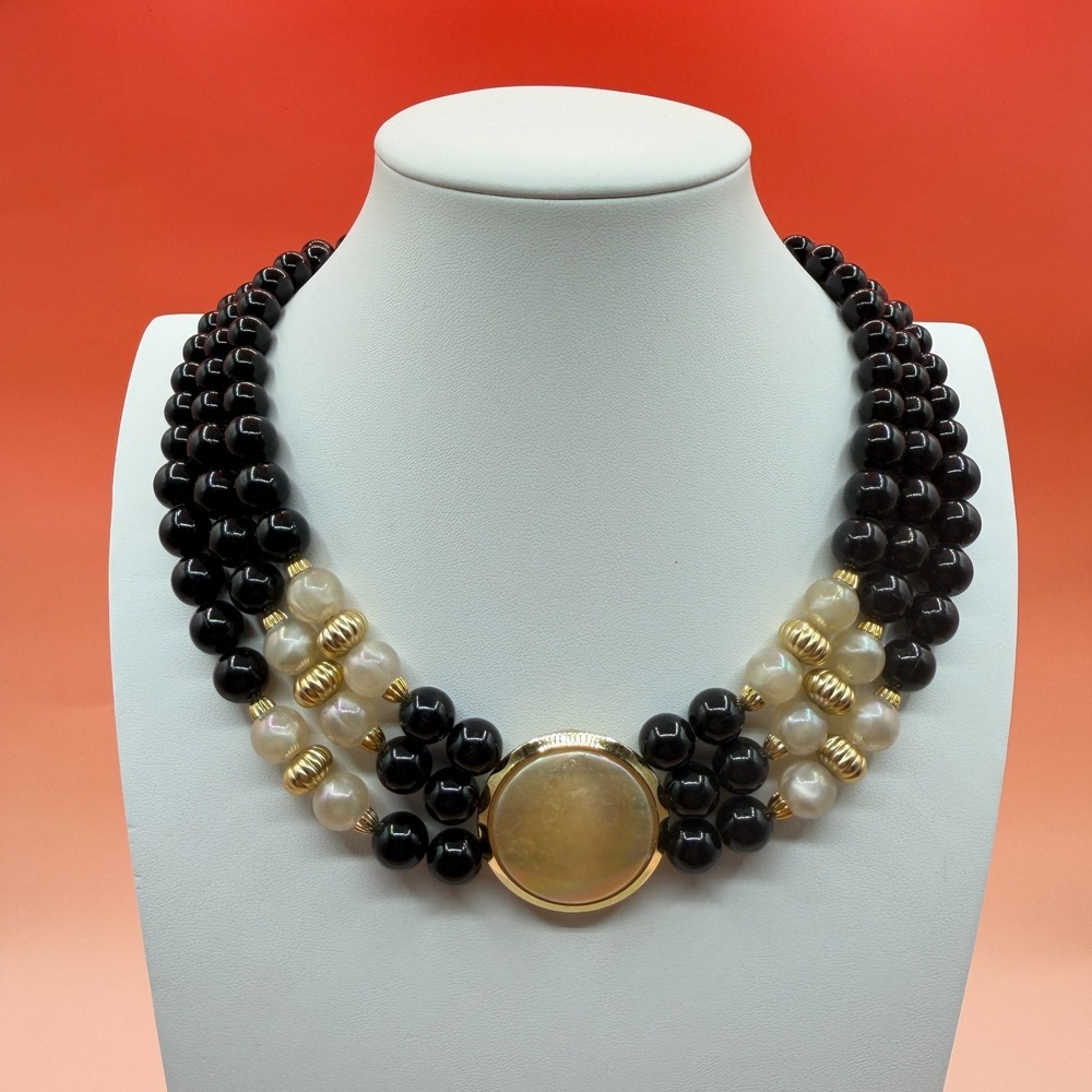 Black Pearlized Bead Multi Strand Necklace Gold Tone Oval Statement Bib Vintage